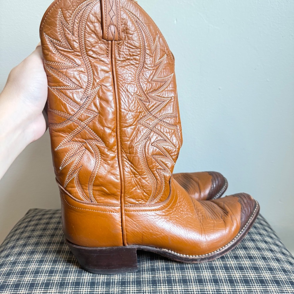 Dan Post Vintage Lizard Toe Stitch Cognac Leather Western Boots Size 9D Brown - Picture 4 of 8